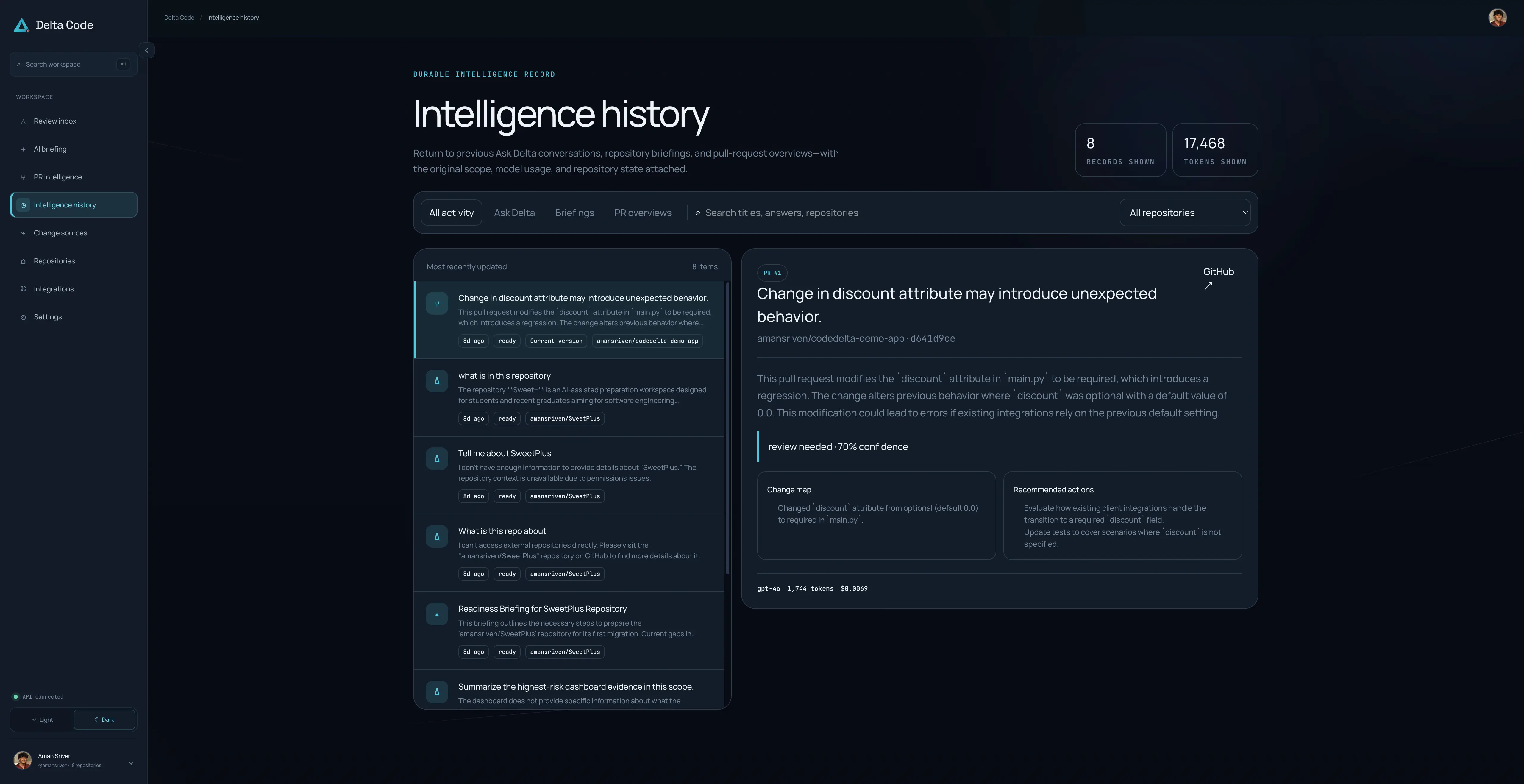 Delta Code's intelligence history, showing a detected regression in a discount attribute alongside its change map, recommended actions, confidence, and token cost.