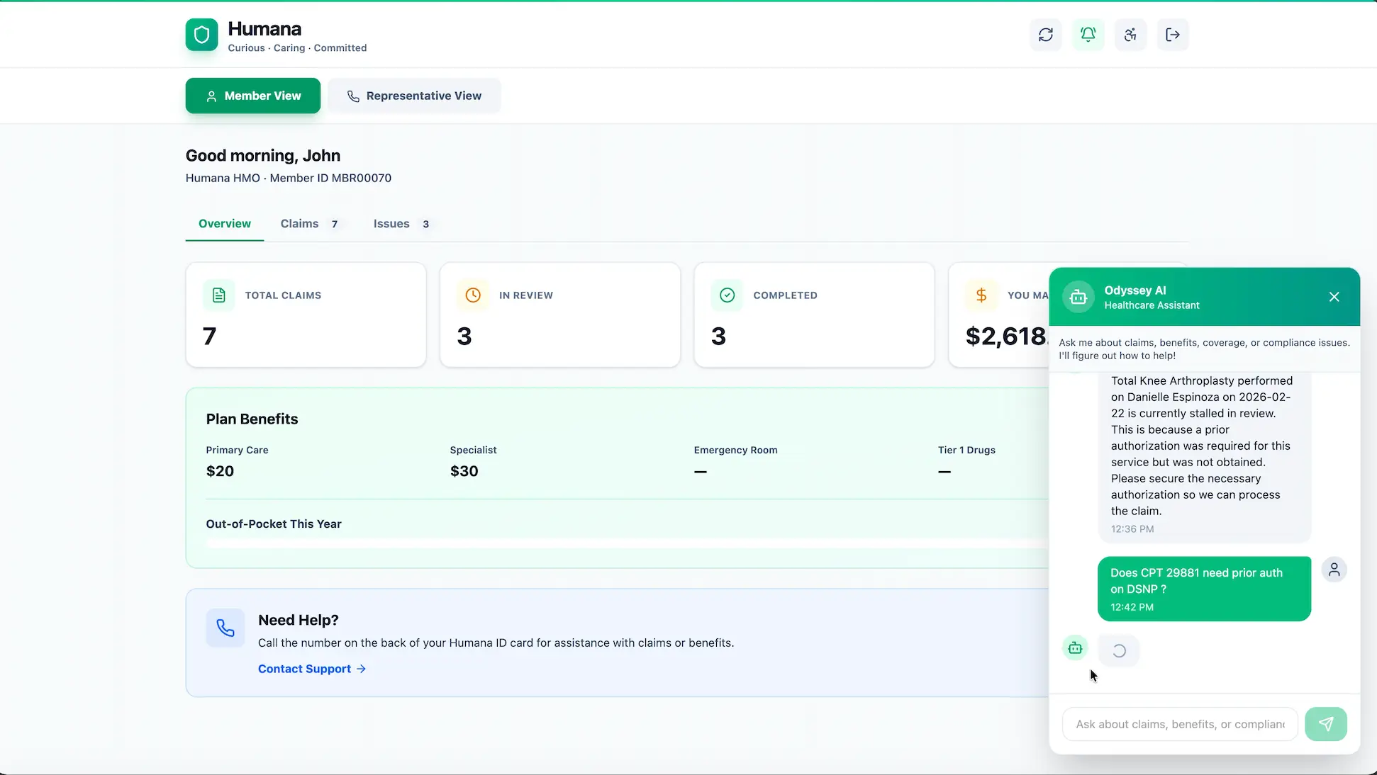 The Odyssey member dashboard with the assistant open, explaining that a claim is stalled because a required prior authorization was never obtained.
