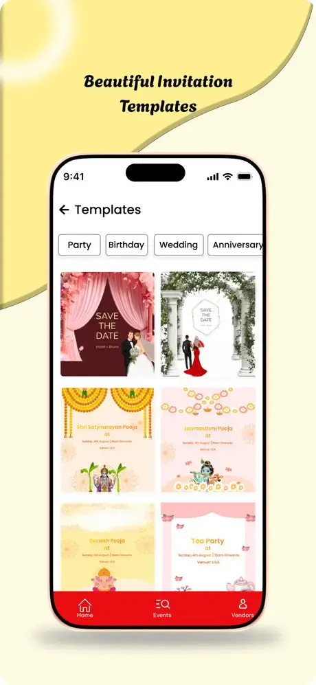 Ahvaan's invitation template picker on iOS, with categories for parties, birthdays, weddings, and anniversaries.