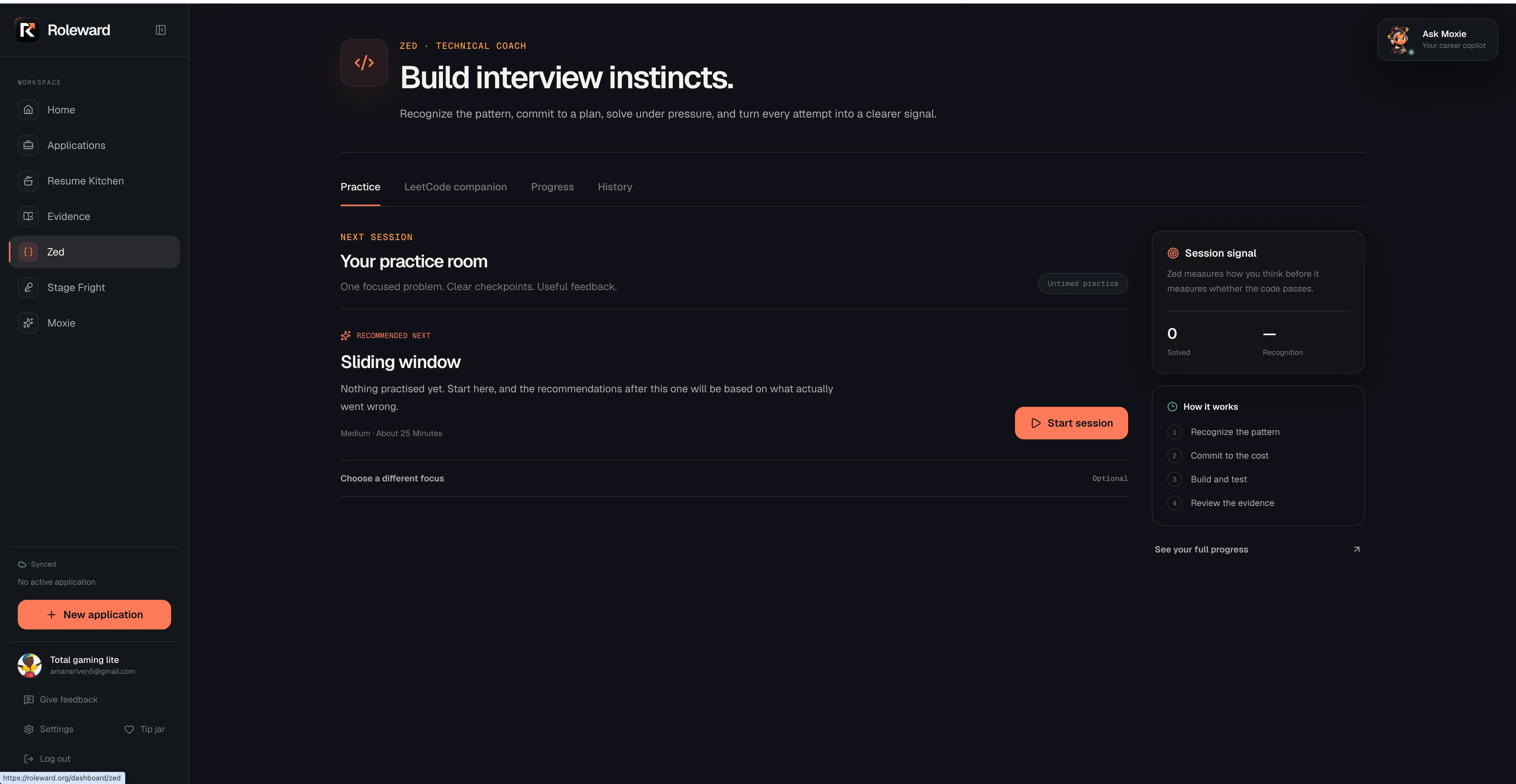 Roleward's coding practice room, recommending a sliding-window problem and noting that later recommendations will be based on what actually went wrong in this session.
